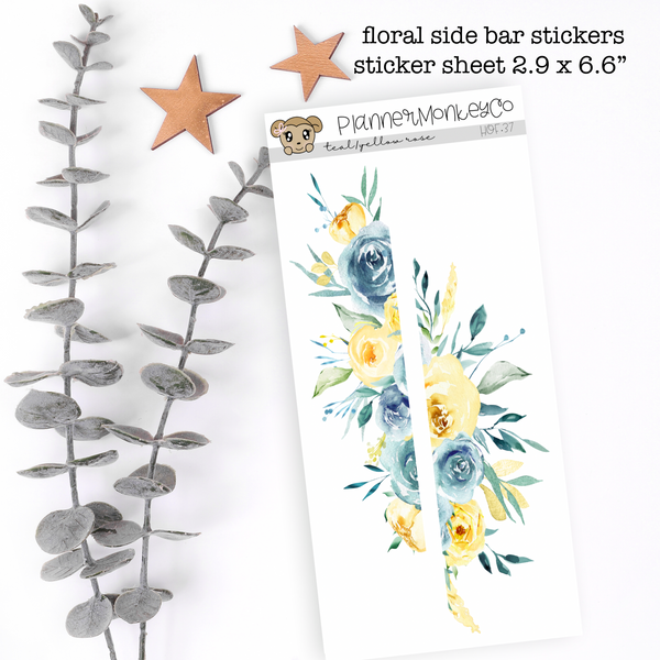 HOF.37 | Teal / Yellow Rose Floral Side Bar Deco (Transparent)