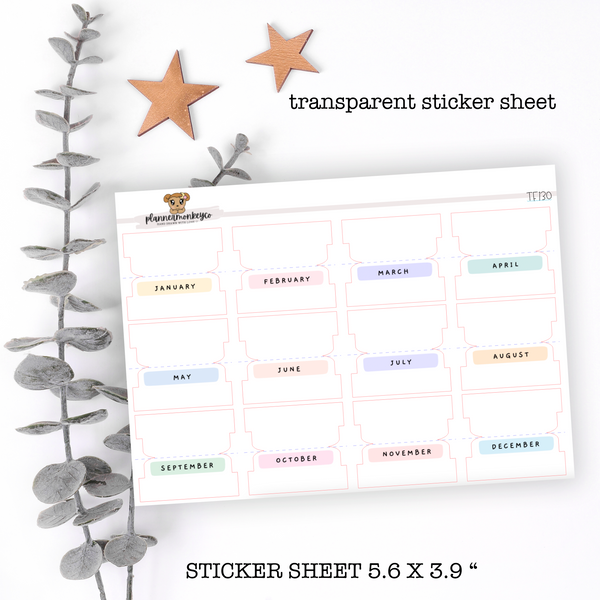 TF130 | Pastel Cute Script Wide Monthly tabs  (Transparent)