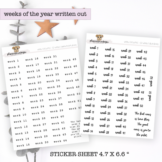 Weeks Of The Year Stickers (52 Stickers Per Sheet) | Transparent Or Regular Matte